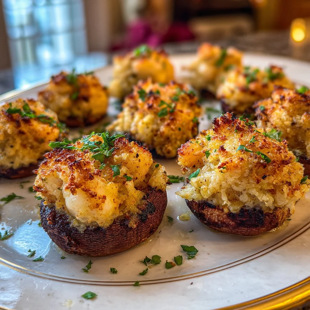 Delicious shrimp stuffed mushrooms baked to perfection for a savory appetizer.