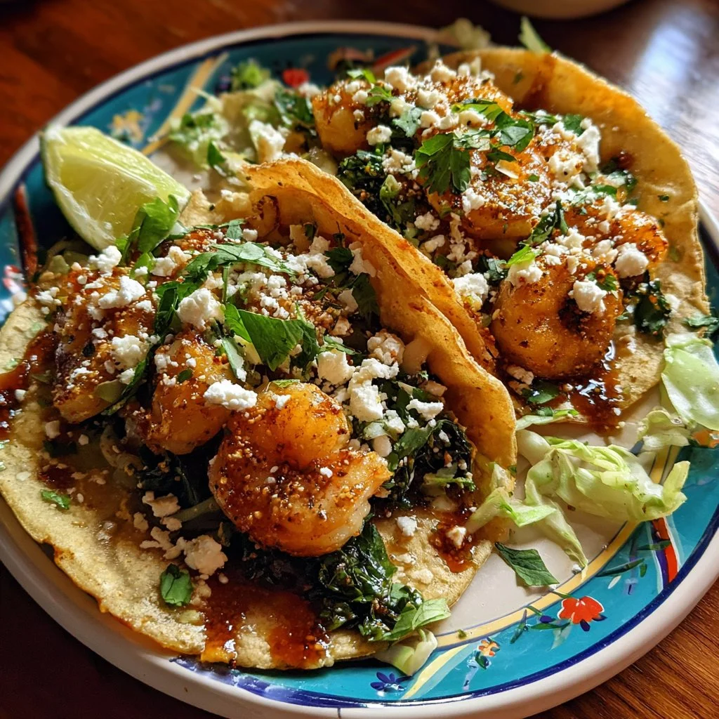 Tasty shrimp tacos topped with fresh ingredients and served with lime