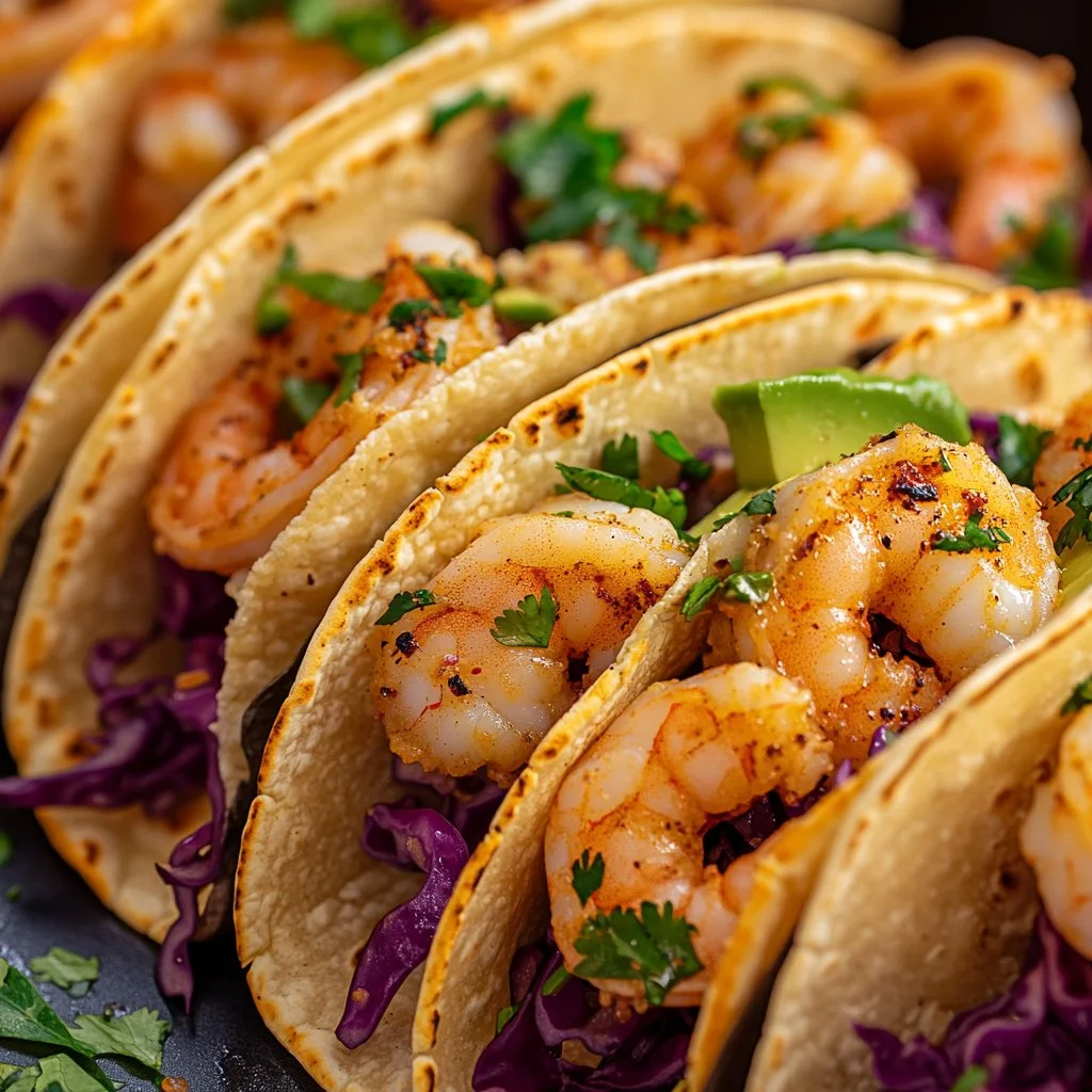 Delicious shrimp tacos garnished with fresh ingredients and served on a plate
