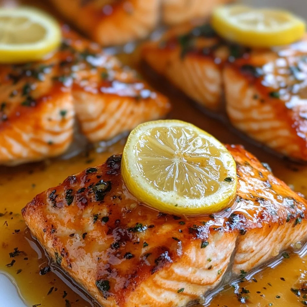 Air fryer honey lemon salmon garnished with lemon slices and herbs