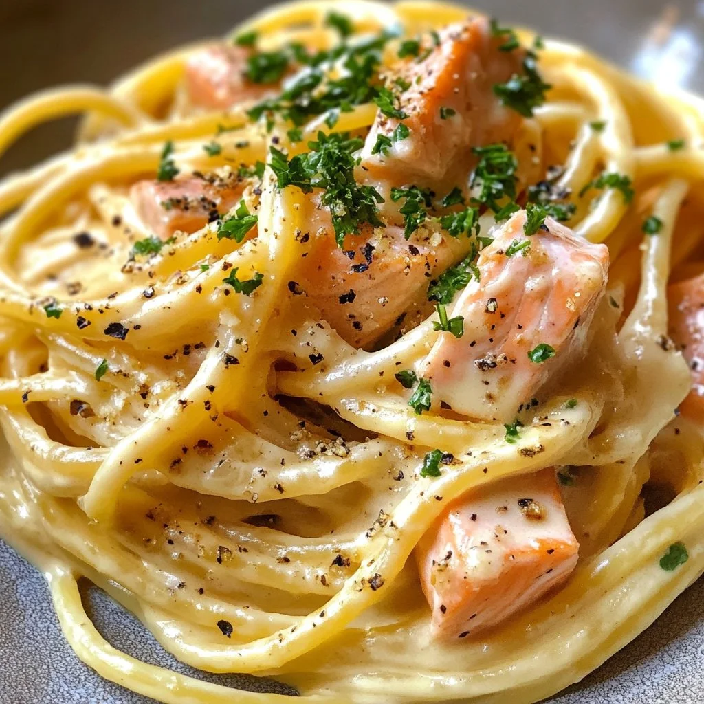 Creamy smoked salmon carbonara served in a bowl with garnishes.