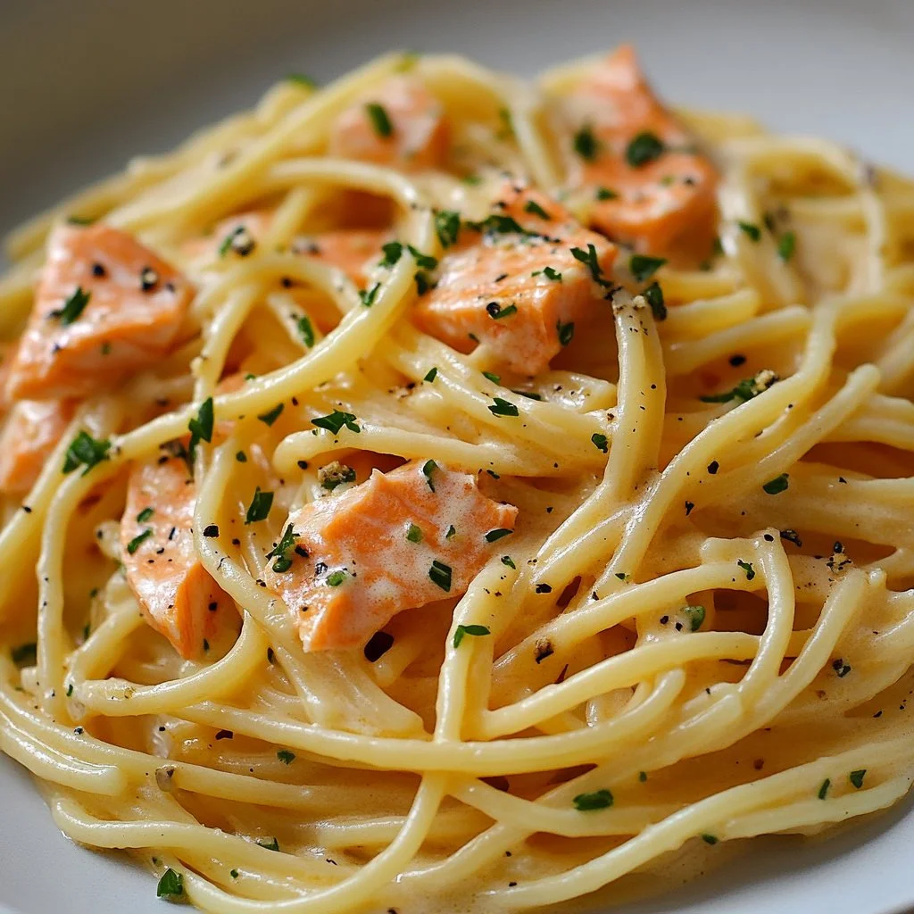Plate of smoked salmon pasta garnished with herbs and lemon zest