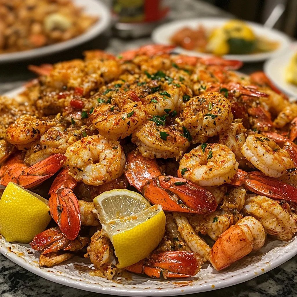 Delicious spicy Cajun seafood boil with shrimp, crab, and seasonings.