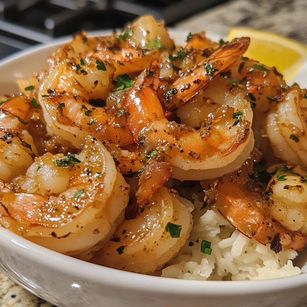 A plate of spicy garlic butter shrimp garnished with herbs.
