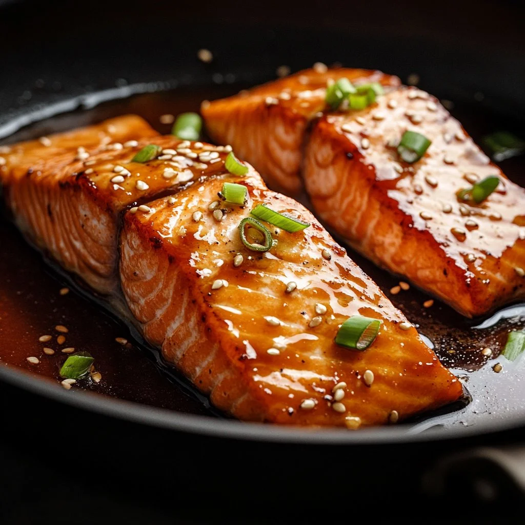 Plate of spicy honey glazed salmon garnished with herbs