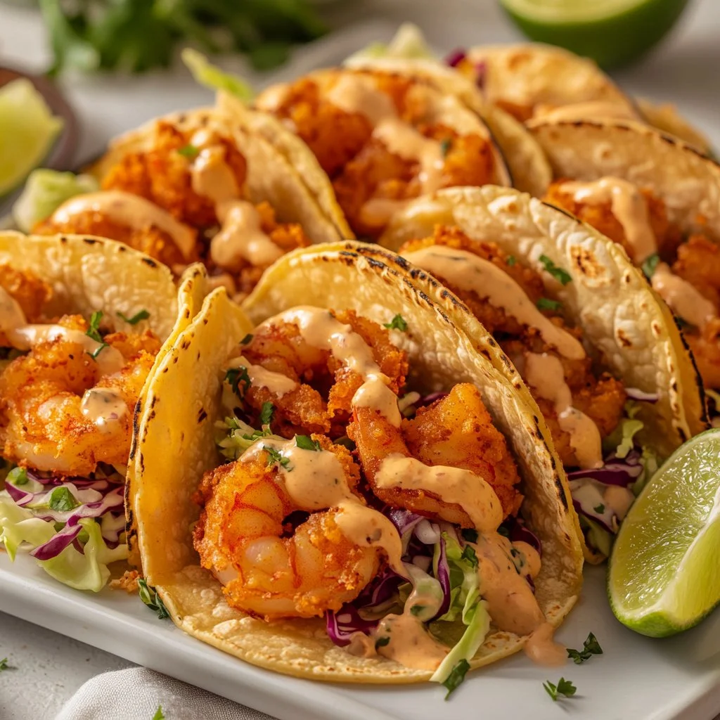 Delicious spicy shrimp tacos topped with fresh ingredients and vibrant colors.