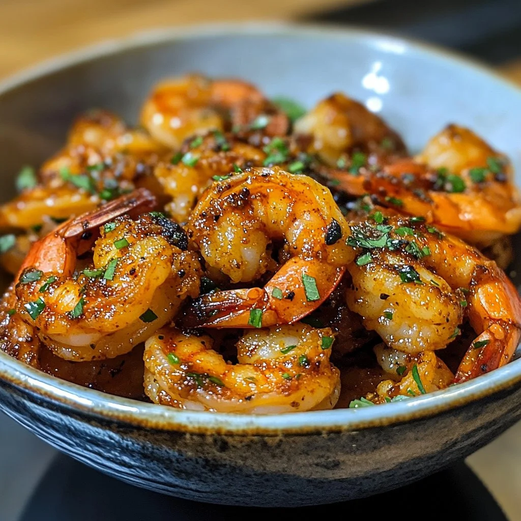 Plate of Spicy Voodoo Shrimp garnished with herbs and spices