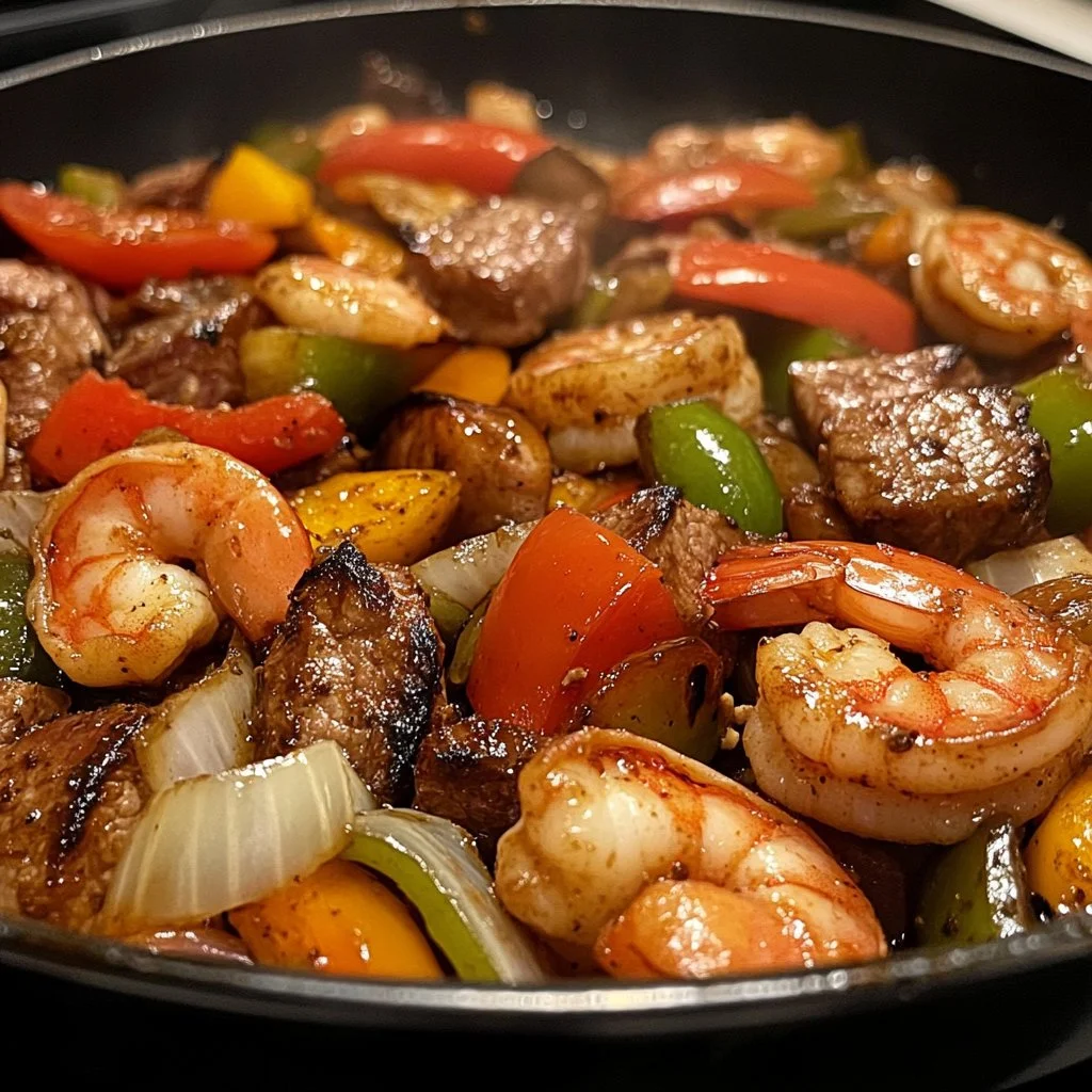 Delicious steak and shrimp stir fry served in a colorful vegetable mix