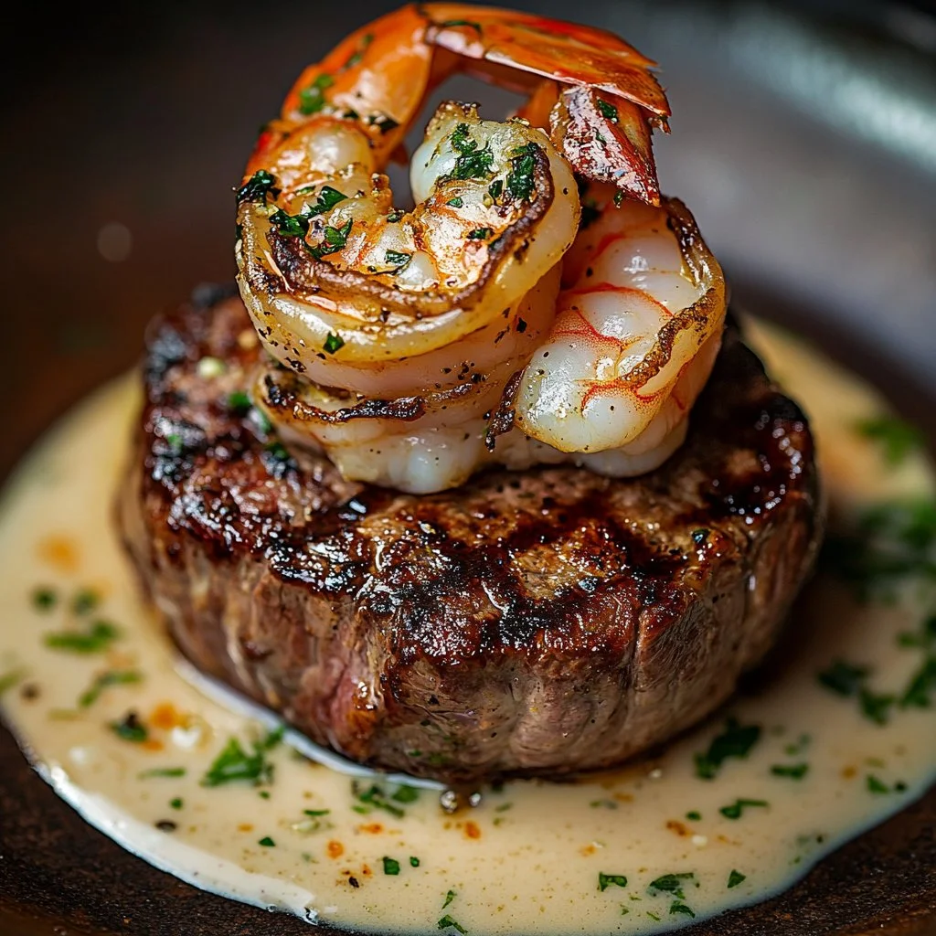 Delicious Surf and Turf with creamy garlic sauce on a plate