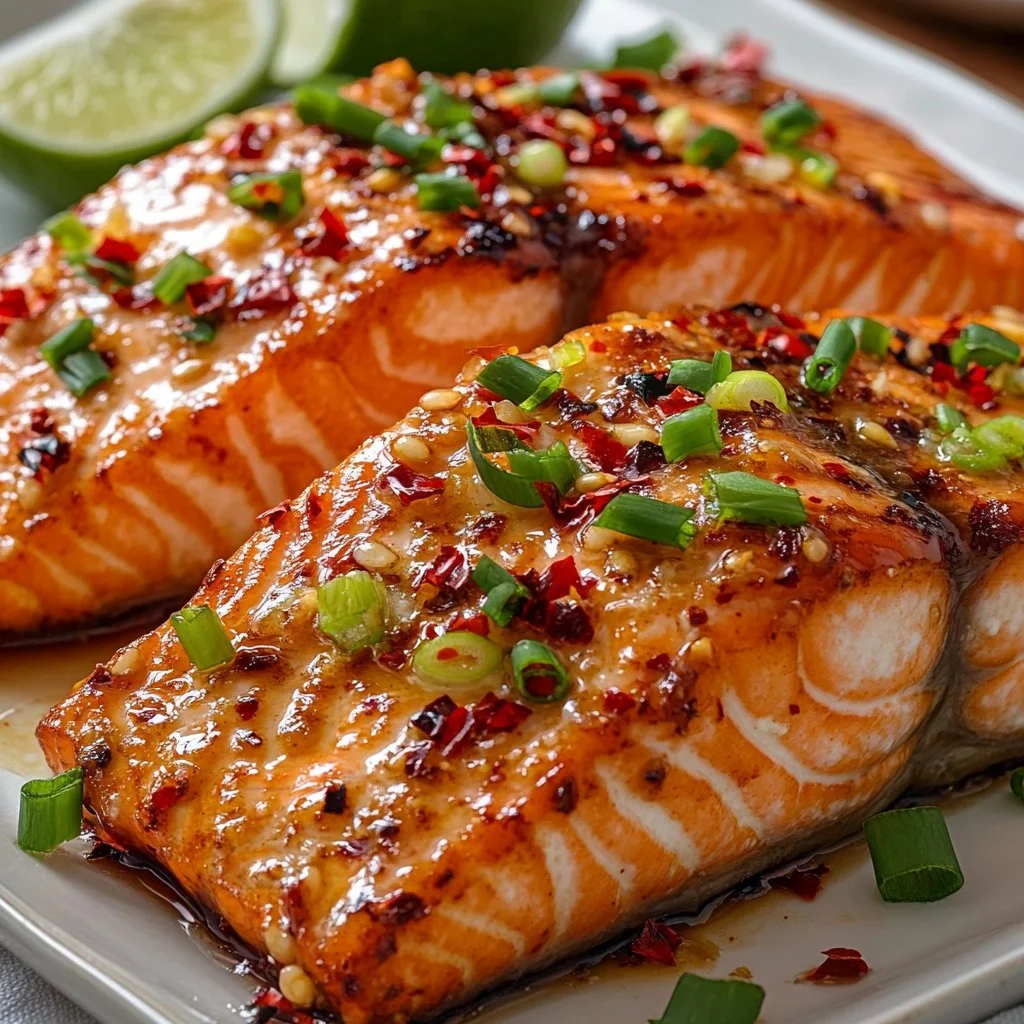 Plate of sweet chili garlic salmon garnished with herbs and chili flakes