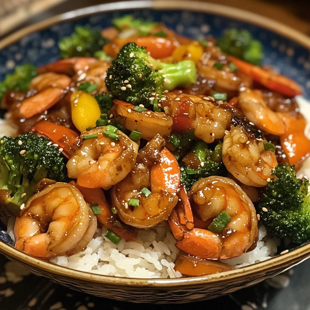 Delicious teriyaki shrimp stir fry served with vegetables and rice
