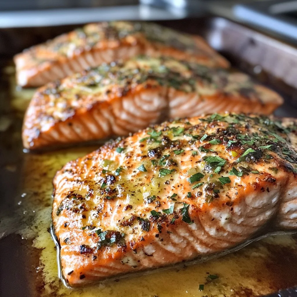 Deliciously baked salmon dish garnished with herbs and lemon slices.