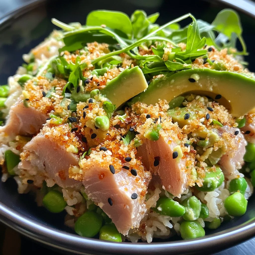 Tuna avocado crispy rice salad garnished with fresh herbs and vegetables