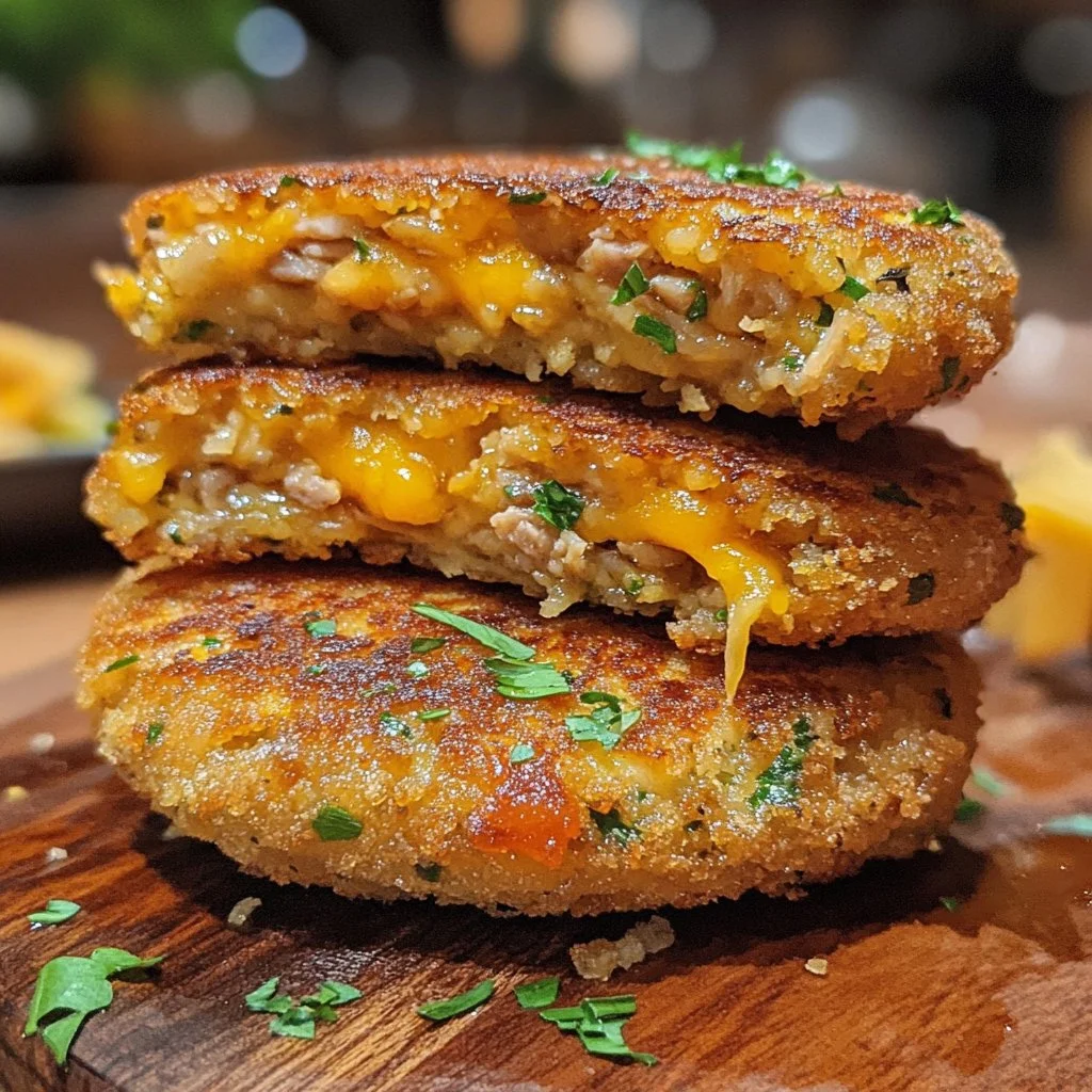 Tuna melt patties served on a plate with cheese and herbs
