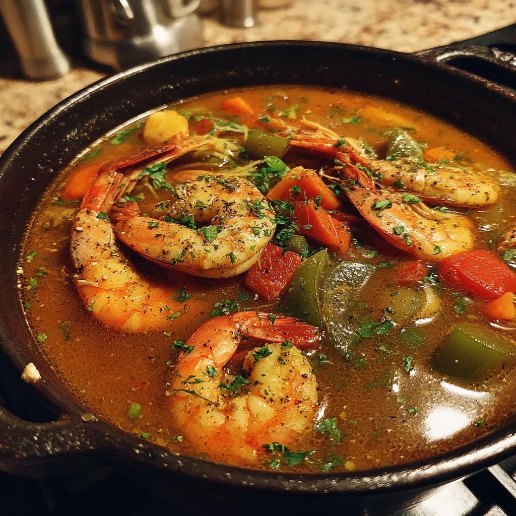 A hearty bowl of Louisiana seafood gumbo with shrimp and crab