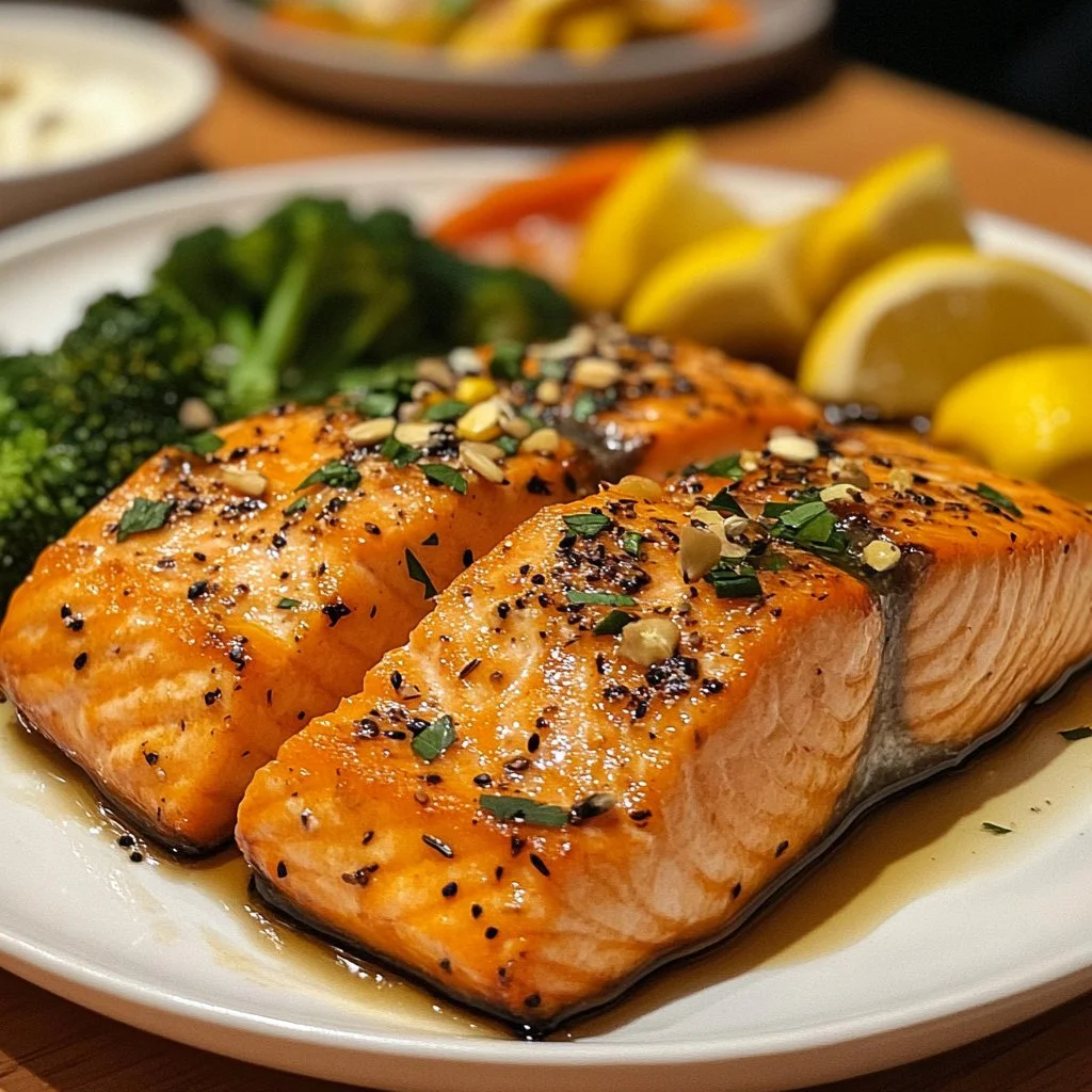 Delicious vegan salmon made from tofu, served on a plate with garnishes.