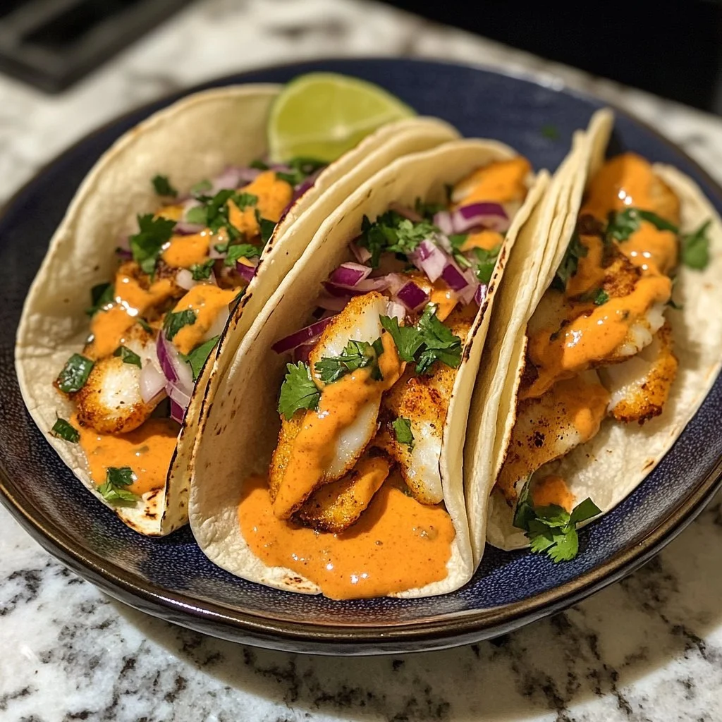 Delicious zesty fish tacos with spicy Sriracha lime sauce on a plate