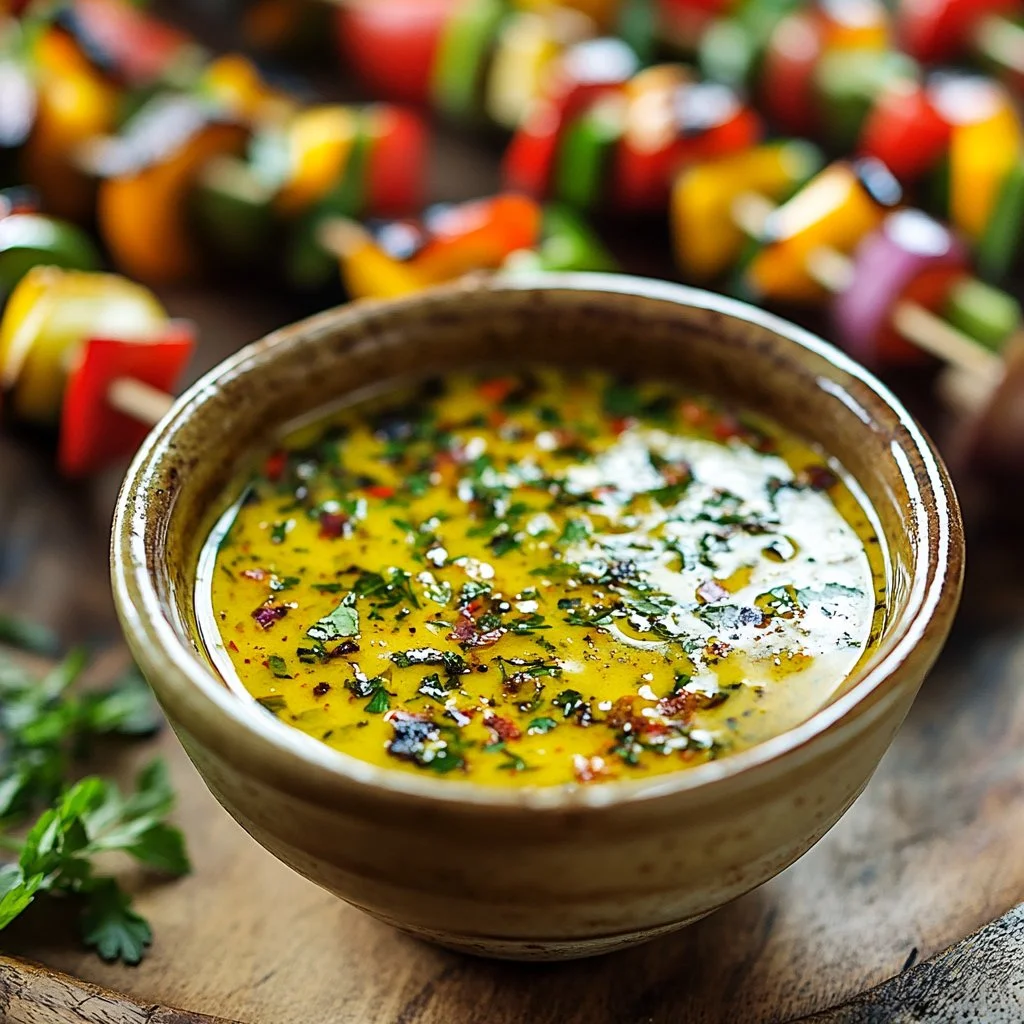 Colorful zesty grilled veggie kabobs on skewers with bell peppers, onions, and zucchini.