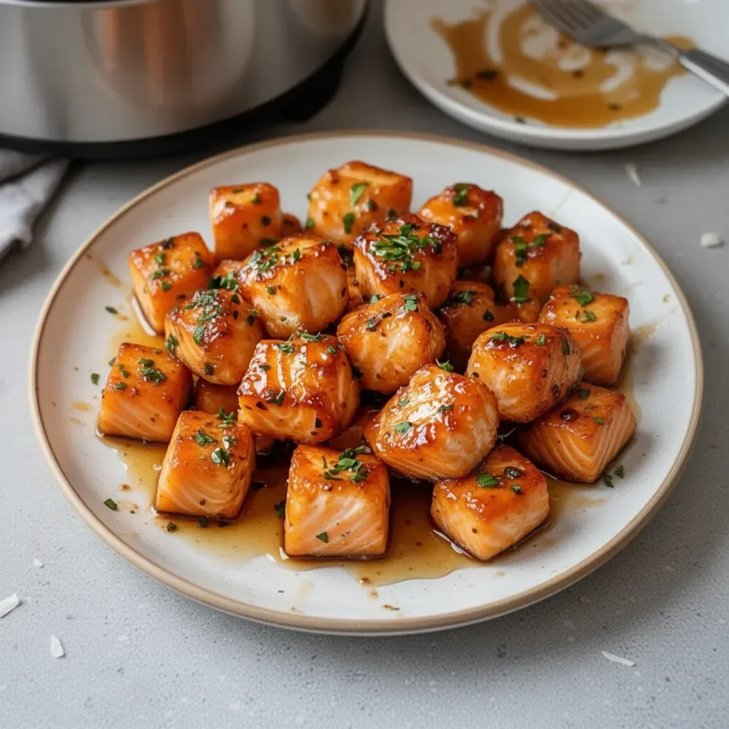 Crispy Air Fryer Honey Garlic Salmon Bites with a honey glaze