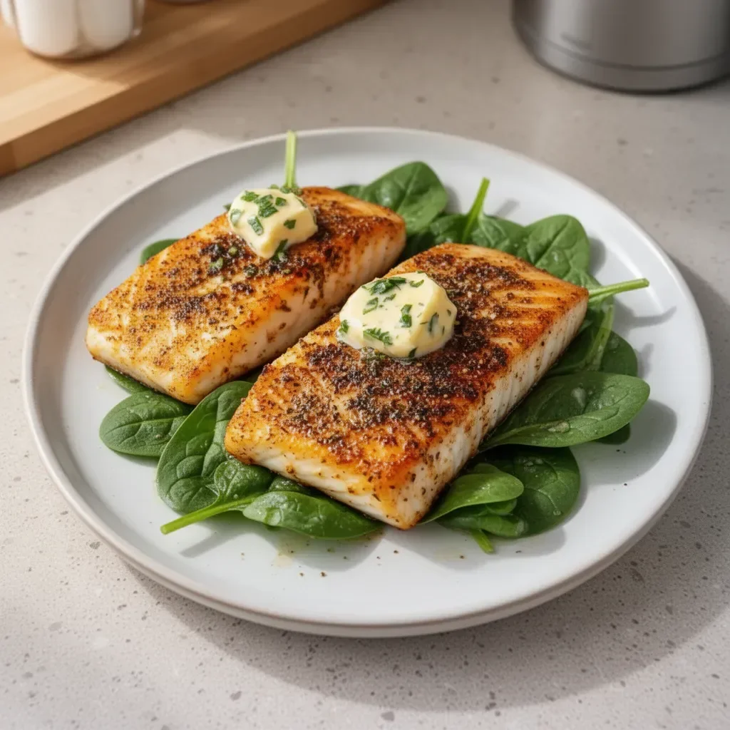 Air Fryer Mahi Mahi served with lemon and herbs on a plate
