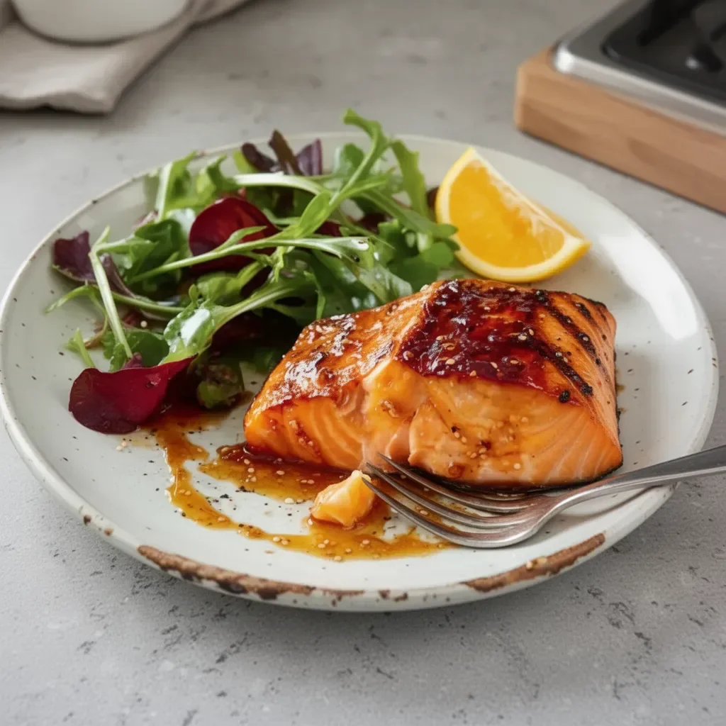 Asian Grilled Salmon dish garnished with herbs and served on a plate