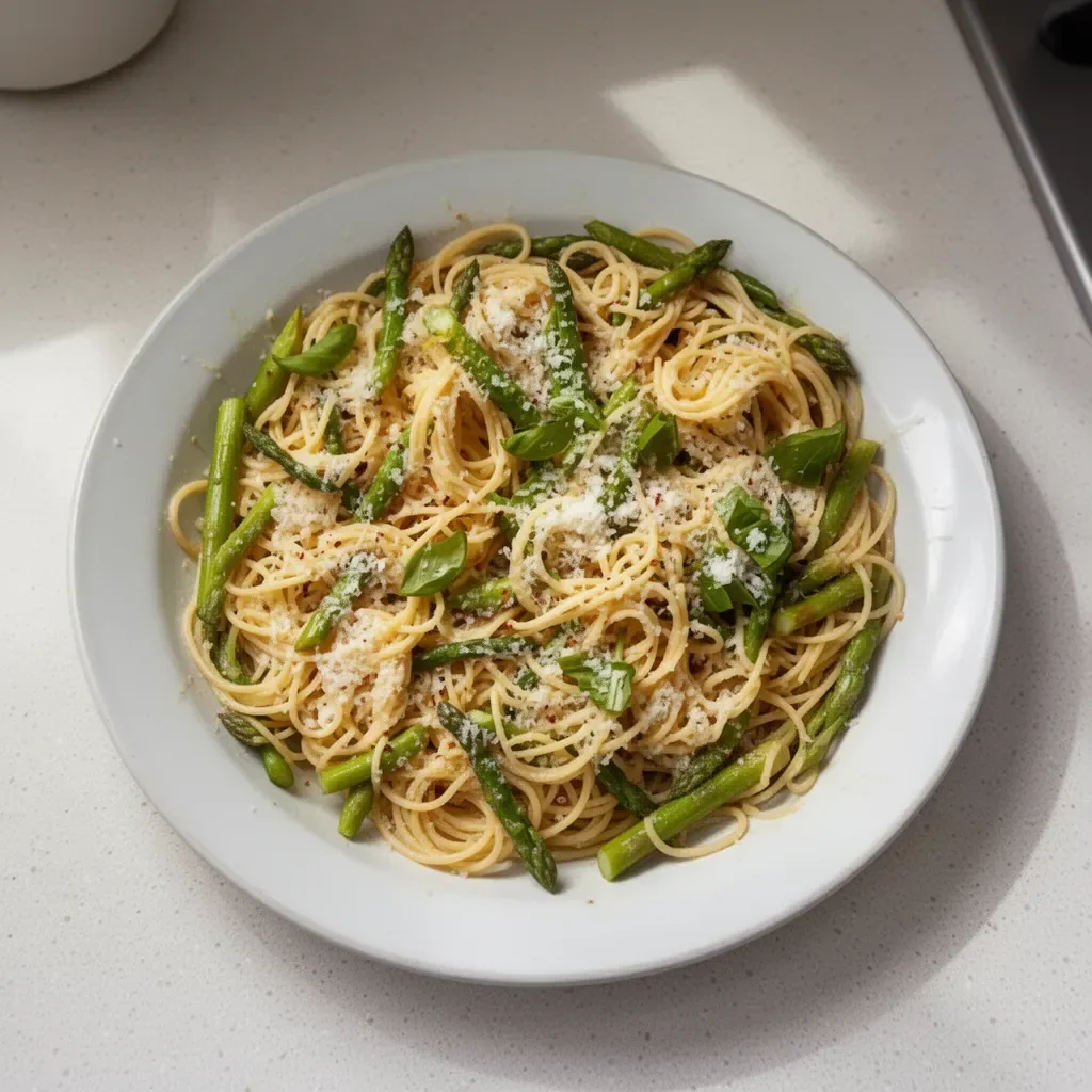 Delicious asparagus pasta dish garnished with herbs