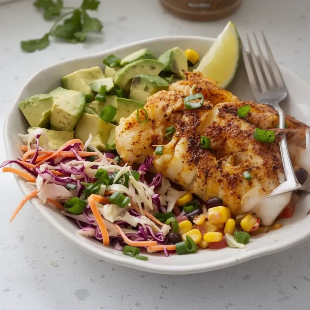Baja fish taco bowls with fresh toppings in a vibrant presentation