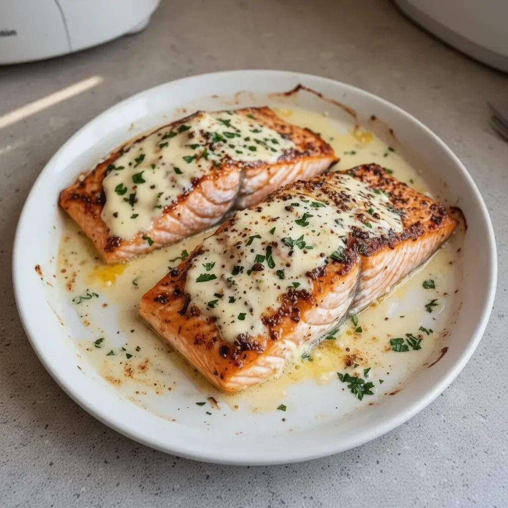 Baked Boursin Salmon with herbs and spices on a plate
