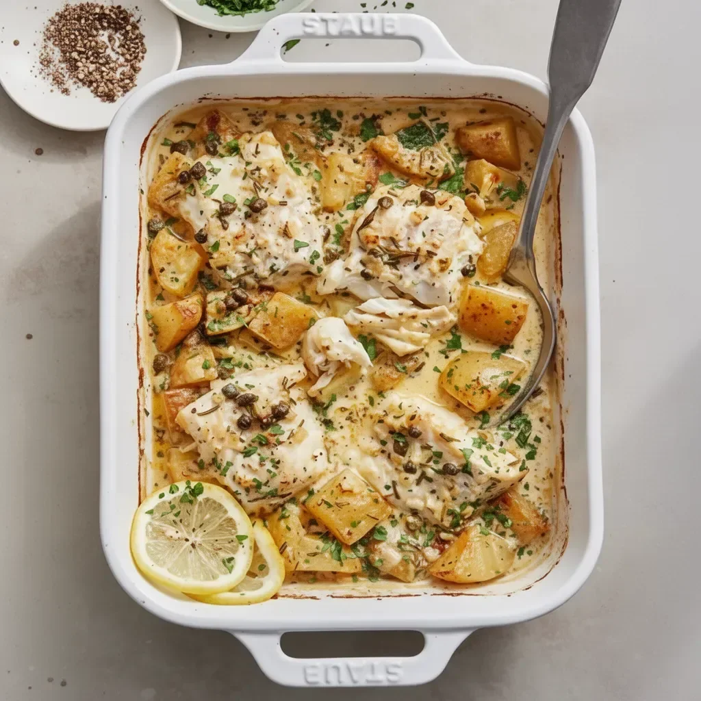 Baked cod fish served with herbed cream sauce on a plate