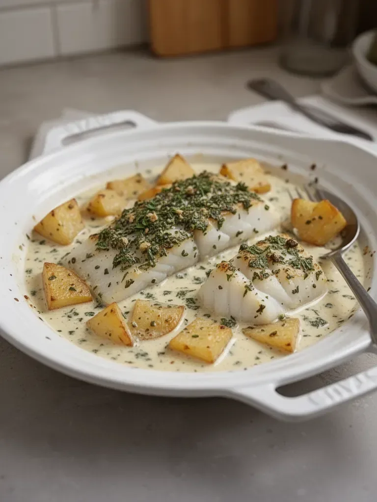 Baked Cod Fish in Herbed Cream Sauce