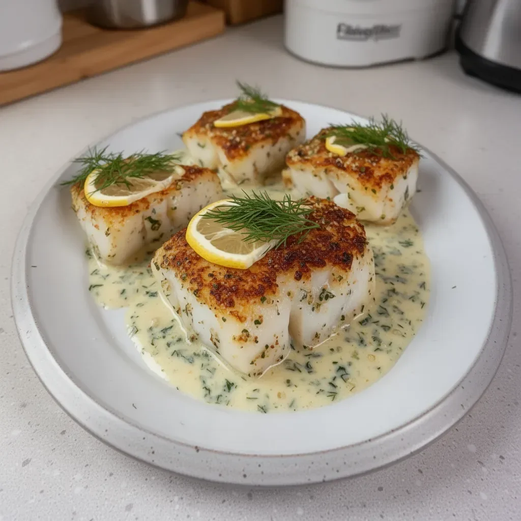 Baked cod fillet with lemon-dill sauce on a plate