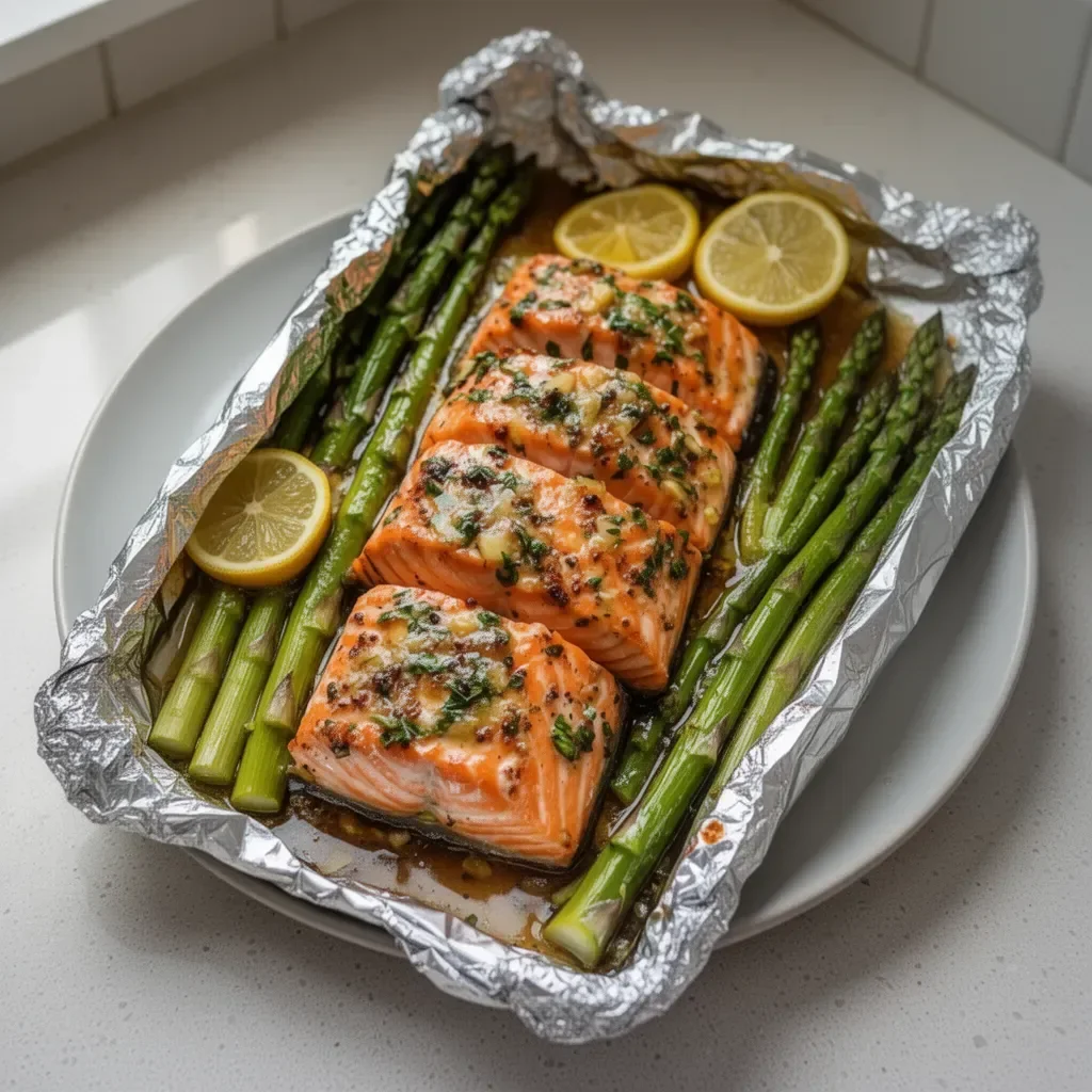 Baked salmon in foil with asparagus on a plate, ready to serve.