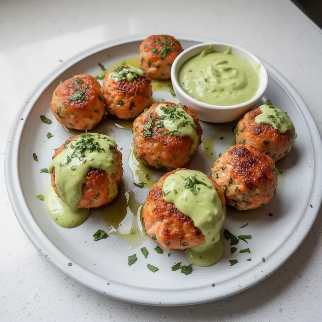 Baked salmon meatballs with creamy avocado sauce on a plate