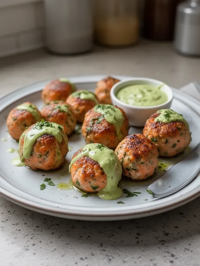 Baked Salmon Meatballs with Creamy Avocado Sauce