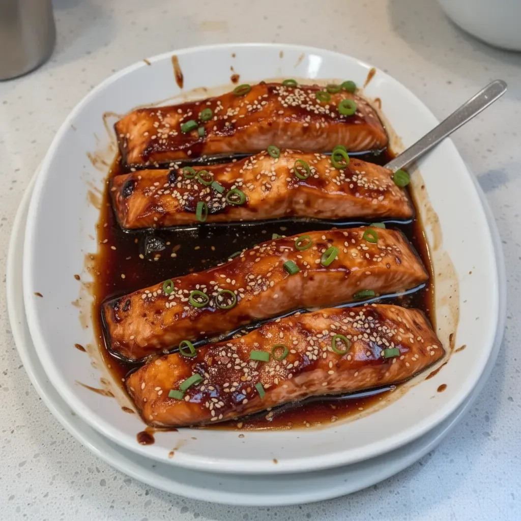 Baked salmon fillet drizzled with homemade teriyaki sauce on a plate