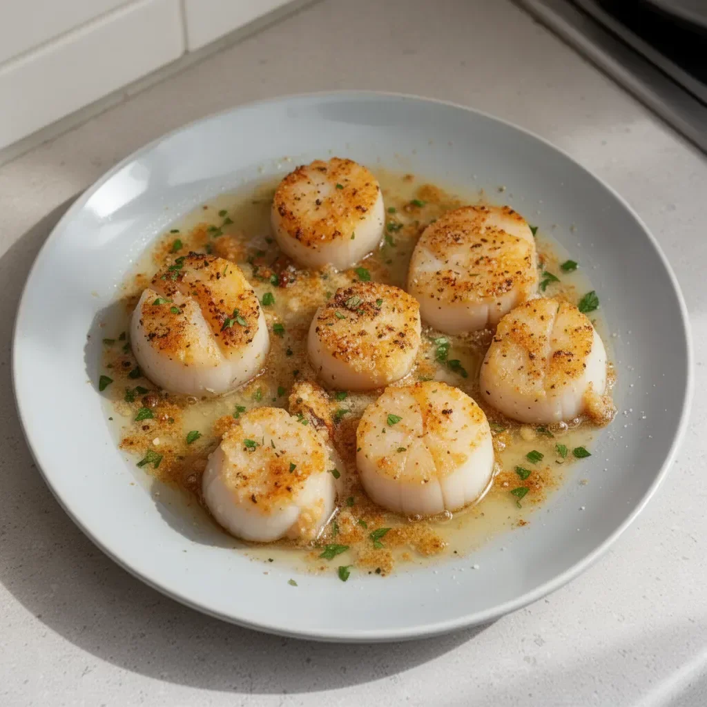 Delicious baked scallops topped with breadcrumbs and herbs