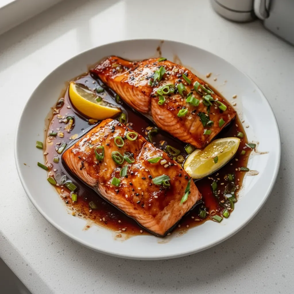 Baked teriyaki salmon served on a plate with sesame seeds and green onions.