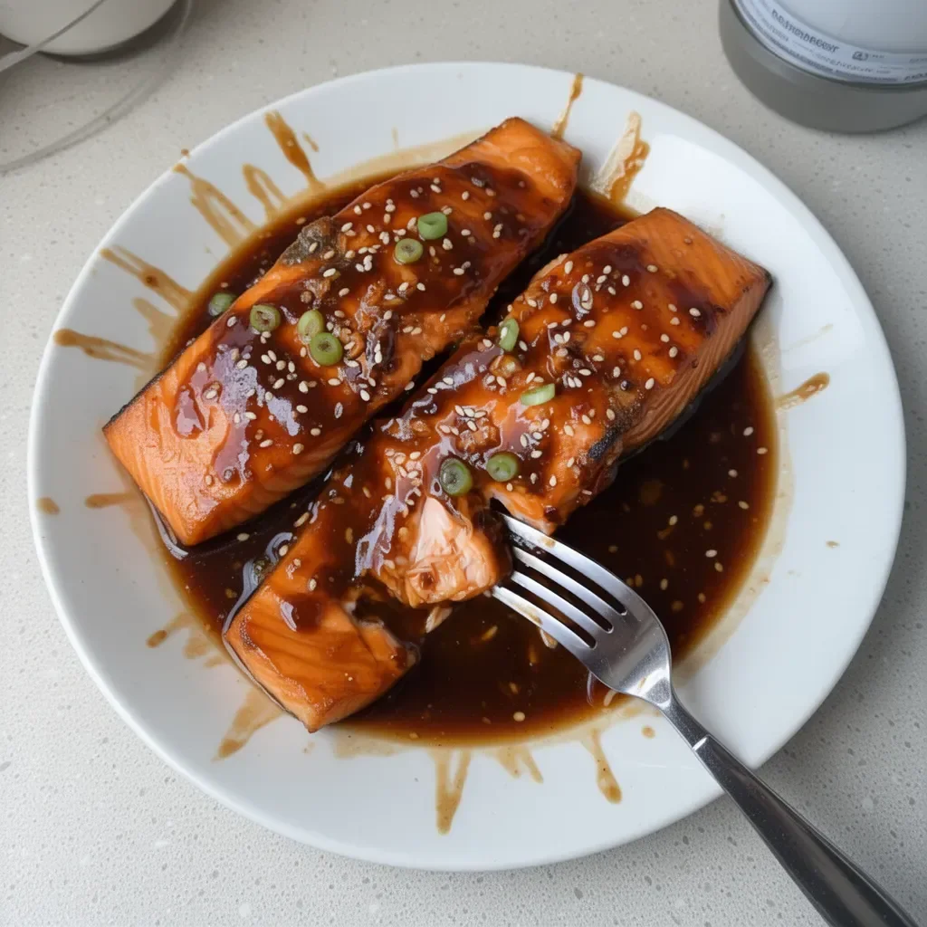Baked teriyaki salmon garnished with sesame seeds and green onions