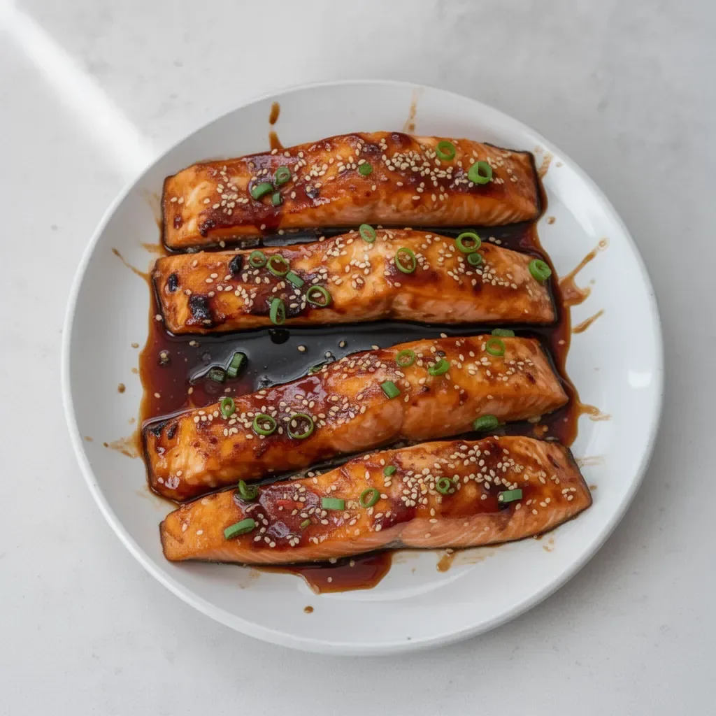 Delicious baked teriyaki salmon fillet served with vegetables