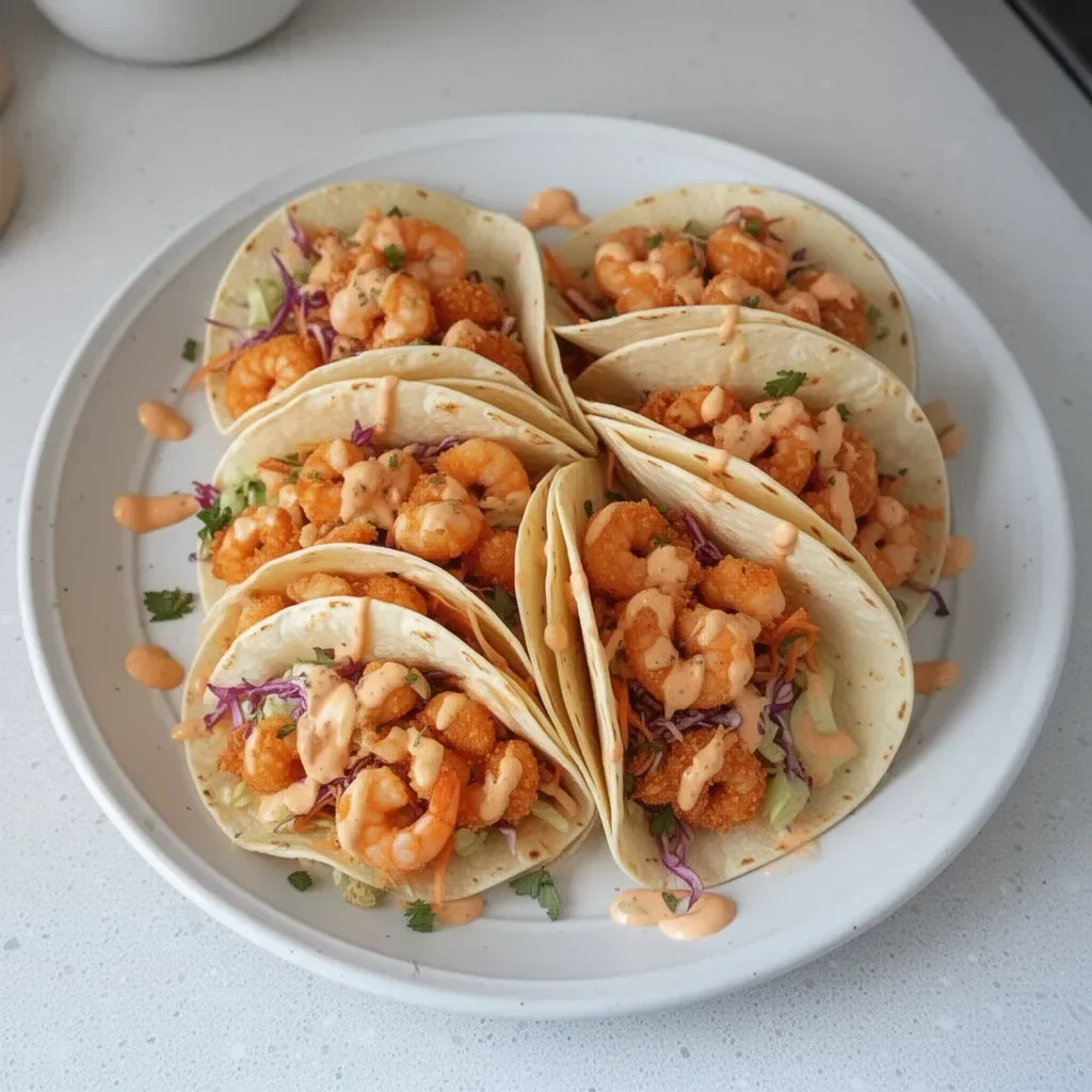 Delicious Bang Bang Shrimp Tacos with spicy sauce and fresh toppings