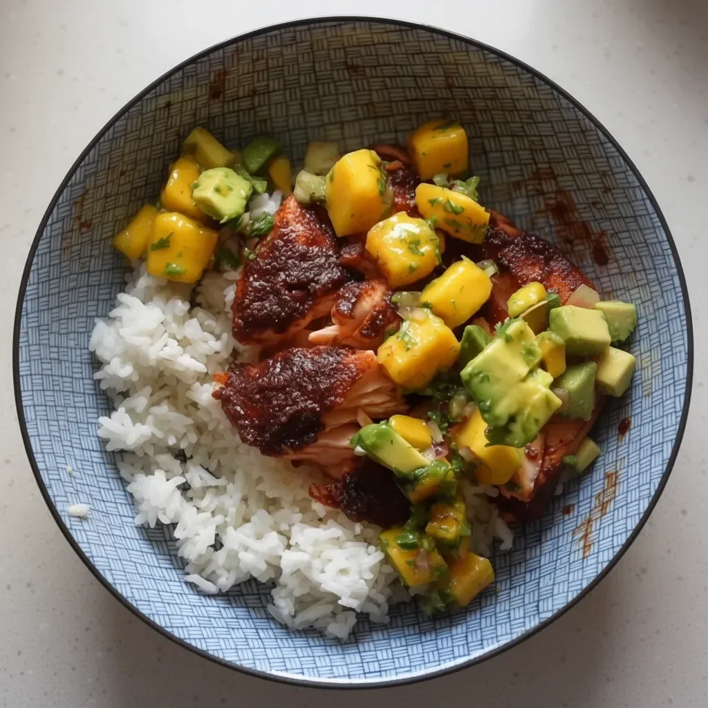 BBQ Salmon Bowls with Mango Avocado Salsa served in a bowl.