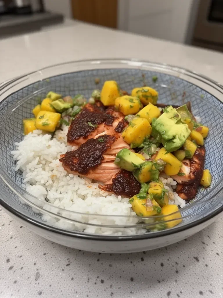 BBQ Salmon Bowls with Mango Avocado Salsa