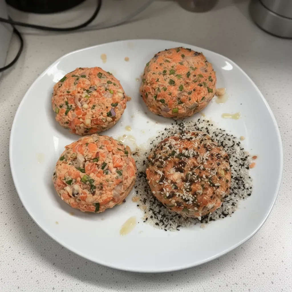 Delicious homemade salmon patties on a plate with herbs and sauce