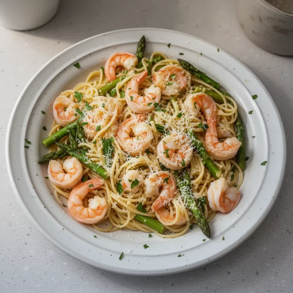 Delicious shrimp and asparagus pasta served in a bowl with parmesan cheese