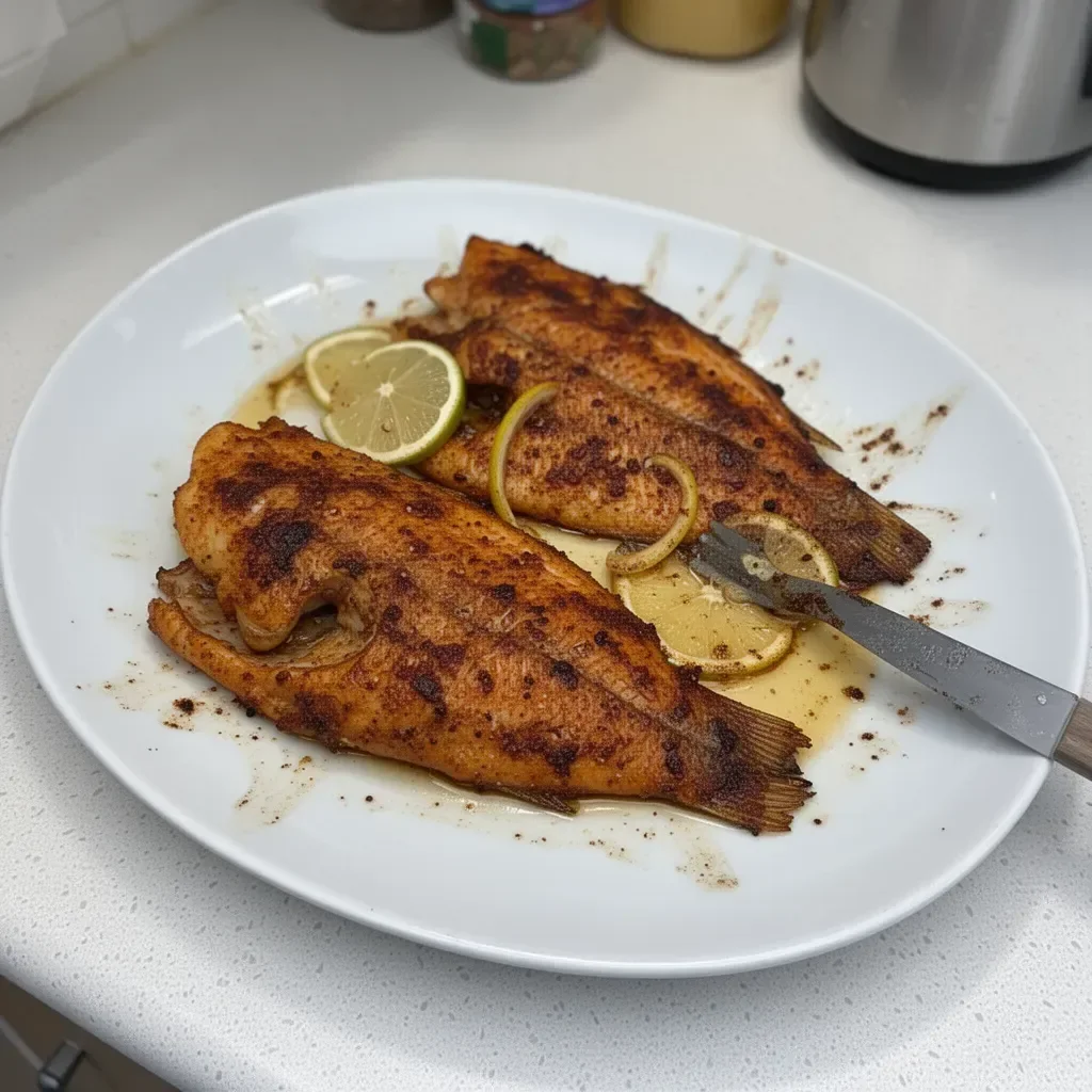 A deliciously blackened red snapper served on a plate with herbs and spices.