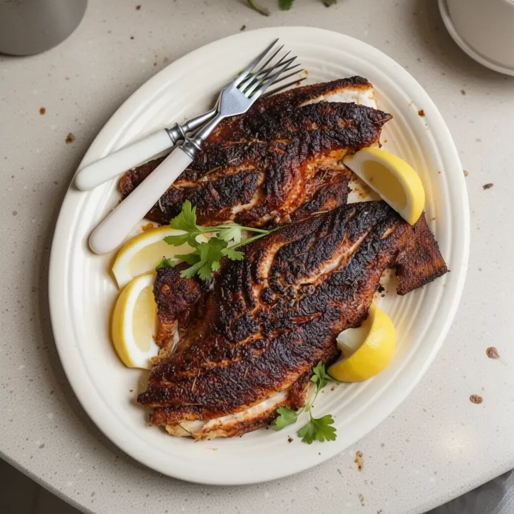 Delicious blackened red snapper on a plate garnished with herbs