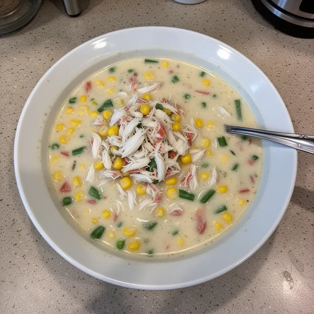 Bobby Flay's crab chowder with corn in a bowl, garnished with herbs
