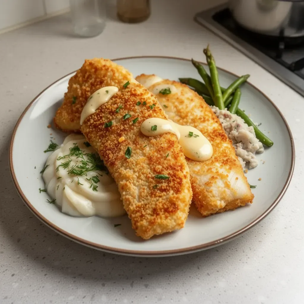 Breaded and baked haddock fish dish on a plate with herbs