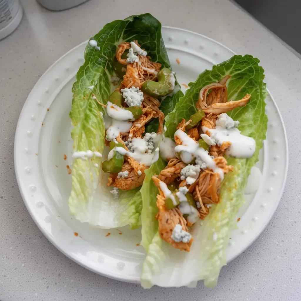 Buffalo Chicken Lettuce Wraps garnished with fresh vegetables