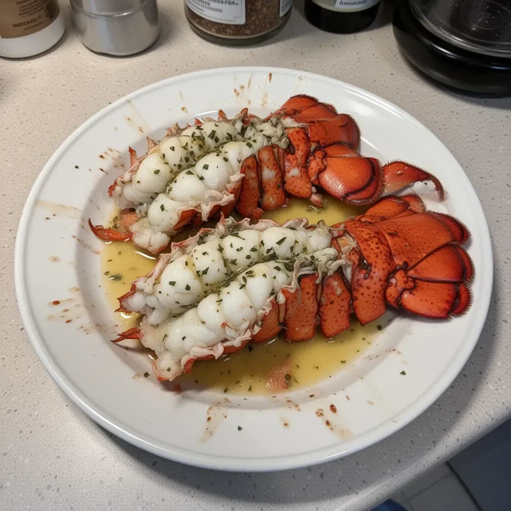 Delicious butter poached lobster tails elegantly plated with herbs.